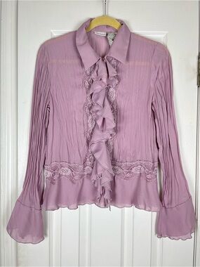 Vintage Y2K White Stag Lavender Ruffle Lace Blouse Victorian Coquette Fairy Sz S